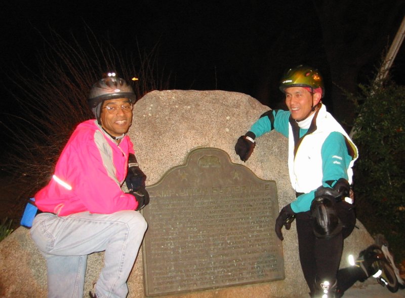 Brian and Steve at monument near the Sacramento Zoo on the January 5, 2004 Monday Night Skate.