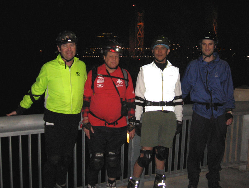 Gordon, Bernie, Steve, Mark pose on Front Street on the January 23, 2006 Monday Night Skate.  Photo by Brian.