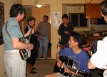 Gordon (banjo), Julie, Mitchell, Don, Steve (guitar), Larry after the April 2, 2002 Skate Patrol Meeting.