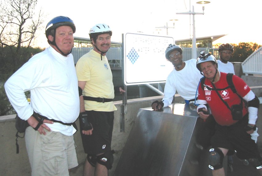 John, Gordon, Bryan, Bernie, and Donnie at the Sacramento River Water Intake on the April 5, 2004 Monday Night Skate.