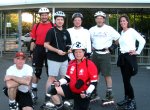 John, Gordon, Guy, Bernie, Lance, Bryan, Peggy at 3rd and S before the April 7, 2003 Monday Night Skate.  Photo by Mitchell.