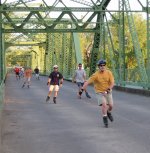Discovery Park Bridge Skaters (Kevin, Rusty, Dan, Dave closest 4) on the April 22, 2002 Monday Night Skate.