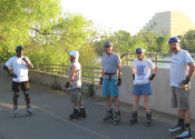 Stuart, Rusty, Gordon, Charity, and Ken take a break near the Sacramento River on the May 15, 2006 Monday Night Skate.