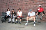 Shelly, Julie, Yvonne, John, and Gordon rest at a high school on Vallejo on the May 19, 2003 Monday Night Skate.