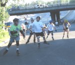 Steve Williams, Dean, John, Mitchell, Barbara, Dale, Trevor, 3 unknowns, 
    Barbara skating to Old sacramento on the June 10, 2002 Monday Night Skate.
