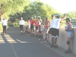 Skaters - Trevor, Chris, Tom, Alex, Gordon, Daedre, Steve, Kevin Uel, Donnie, 
    Yvonne - regroup on the July 8, 2002 Monday Night Skate.
