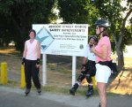 Rachel, Ron, and Peggy rest near the East end of the Discovery Park Bridge on the August 11, 2003 Monday Night Skate.
