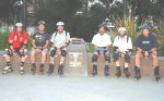 Bernie, Gerald, Gordon, Ron, Dean, and John pose at a Veterans Memorial on the September 8, 2003 Monday Night Skate.