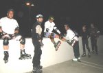 Mitchell, Brian, Steve, Guy, Marci, Chris atop Sac State Parking Lot on the November 4, 2002 Monday Night Skate.