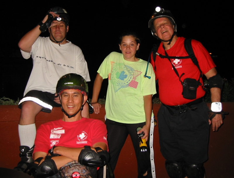 Mitchell, Steve, Jody, and Bernie regroup on S Street on the October 4, 2004 Monday Night Skate. Photo by Brian.